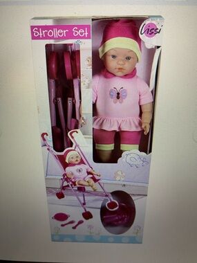LISSI Pink Baby Doll with Foldable Stroller Set